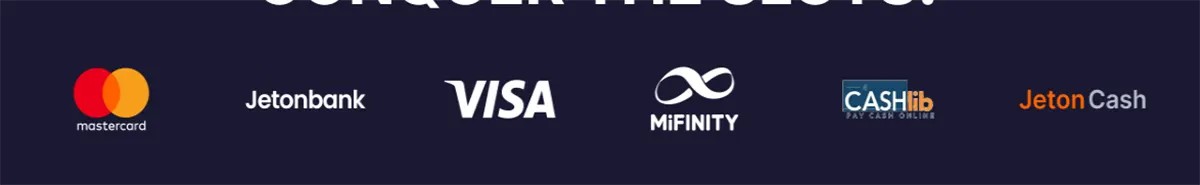 “Row of payment method logos on a dark background: Mastercard, Jetonbank, Visa, MiFinity, Cashlib, and Jeton Cash (with part of the heading ‘CONQUER THE SLOTS!’ visible above).”