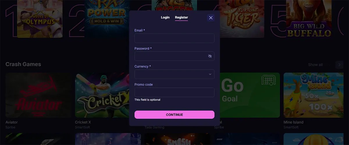 “Dark casino site with a centred ‘Login / Register’ pop-up form over a blurred games lobby; the register tab is selected and shows fields for email, password, currency dropdown, and promo code, with a pink ‘Continue’ button.”